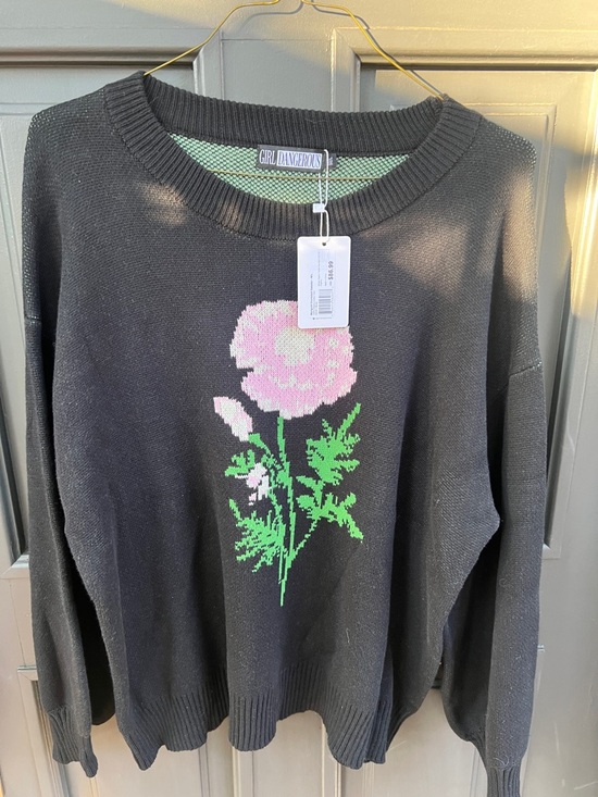 Girl Dangerous Sweaters - Girl Dangerous Black Crewneck Sweater with Pink Floral Motif